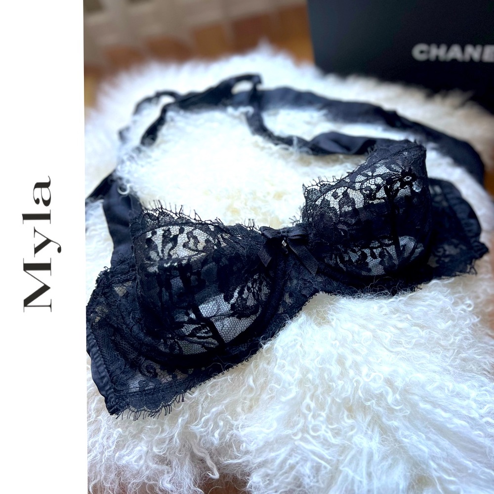 Myla silk and Chantilly lace black halter bra